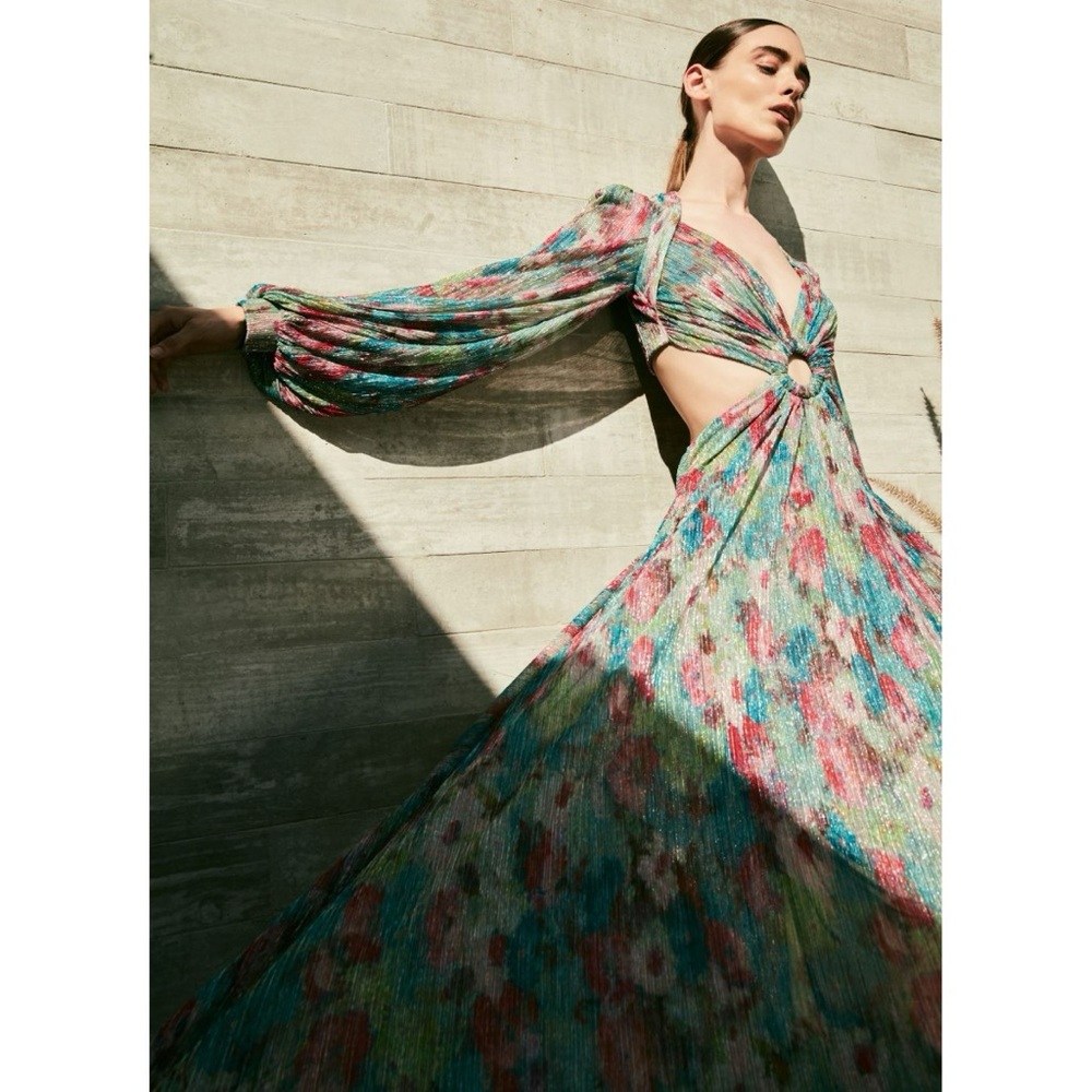 NEW PatBO Printed Lurex Cut-Out Maxi Dress (Sz 6) Long Sleeve Gown Green Multi - Picture 3 of 14